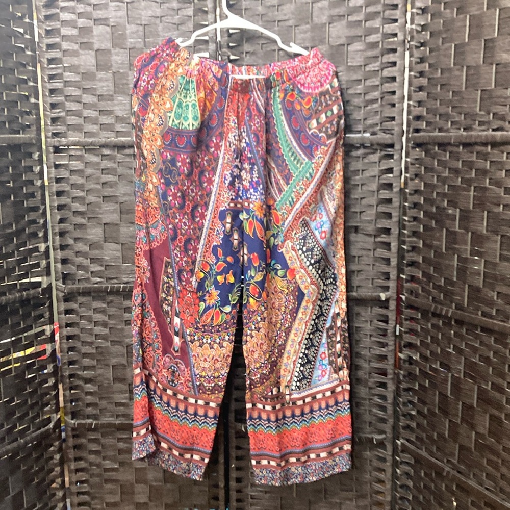 Colorful Bohemian Print Silk Pants Size Large